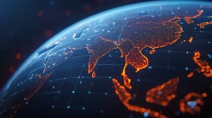 Poster - A detailed representation of Earth, highlighting Asia with glowing lights, set against a dark background, showcasing a digital or futuristic perspective.