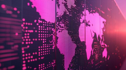 Poster - A digital world map in vibrant pink tones, highlighting global connectivity and data visualization in a modern, tech-inspired design.