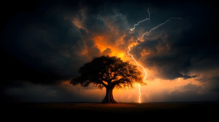 Poster - powerful electric discharge illuminates the silhouetted shape of a towering weathered oak tree stand