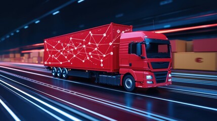 Poster - A vibrant red truck with a network design drives through a futuristic urban setting, symbolizing technology in logistics and transportation.