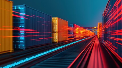 Poster - A dynamic scene of colorful shipping containers on a railway, depicting speed with motion blur effects and a vibrant color palette.