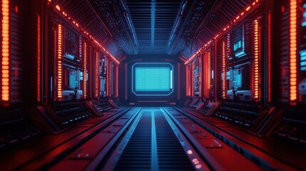 Poster - A futuristic corridor illuminated by red and blue lights, featuring sleek technology and a central display screen.