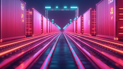 Poster - A futuristic scene featuring vibrant neon lights illuminating a railway lined with shipping containers, creating a striking perspective.