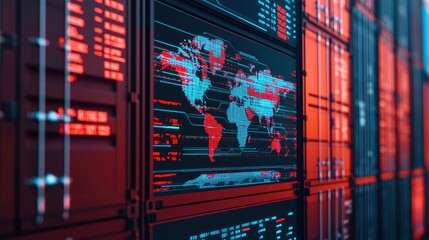 Poster - A digital map interface showcasing global data with vibrant blue and red graphics against a dark background.