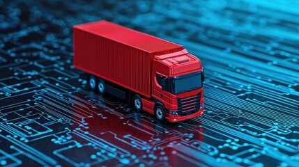 Poster - A vibrant red toy truck on a blue, circuit-patterned surface, symbolizing the intersection of transportation and technology.