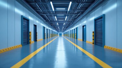 Poster - A modern corridor with metallic doors and blue walls, featuring bright overhead lights and a sleek, clean floor.