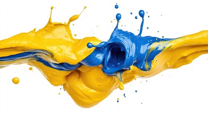 Sticker - Dynamic collision of blue and yellow paint streams creating a vibrant abstract form. Ideal for backgrounds, posters, or modern art pieces.