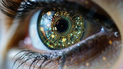 Poster - A close-up view captures intricate circuit patterns integrated within a human eye, showcasing a blend of technology and biology. The vivid details highlight advanced AI concepts.
