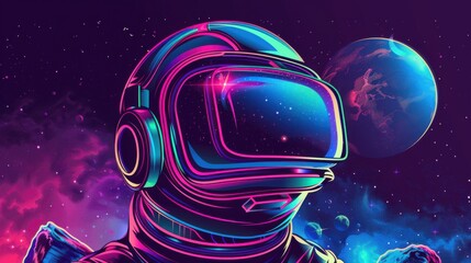 Poster - vr headset with neon light, future technology concept banner. astronaut with virtual reality glasses