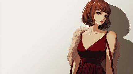 Wall Mural - Anime Girl in Red Dress with Fur Shrug