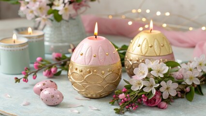 Wall Mural - Beautiful Easter composition with burning candles, eggs and flowers on light background