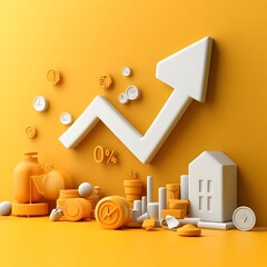 Poster - Descending white chart arrow with percentage icon against a vibrant yellow background representing decreasing interest rates mortgage data or a forward looking economic infographic with a minimalist