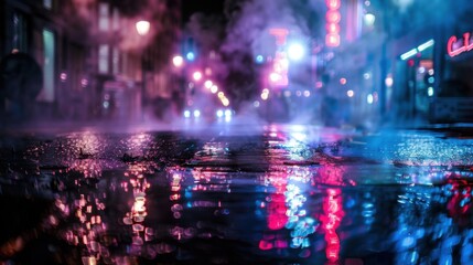 Poster - wet asphalt, reflection of neon lights, a searchlight, smoke. abstract light in a dark empty street 