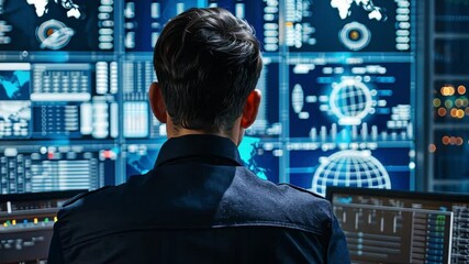 Leinwandbilder - A person works intently at a desk surrounded by numerous screens displaying various data visualizations.