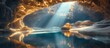 © Waraporn - Enchanting underground cave with a majestic waterfall cascading into a serene crystal clear lake surrounded by rugged snow capped mountains  The shimmering light reflections create a captivating