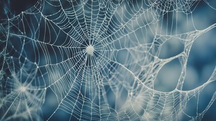 Intricate spider web with dew drops in morning light against blurred background