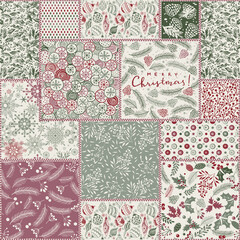 Wall Mural - Seamless abstract colorful patchwork pattern  in Christmas style. Shabby chic. Vintage hand made quilt. Merry Christmas, Happy New Year greeting card, wrapping paper. Vector illustration