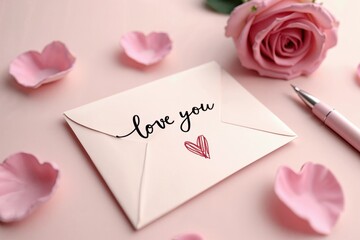  a pink envelope with a love you note and pink roses