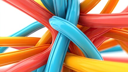 Wall Mural - Intertwined glossy tubes in vibrant orange, red, and blue create a dynamic abstract design. Ideal for backgrounds, wallpapers, or modern art pieces.