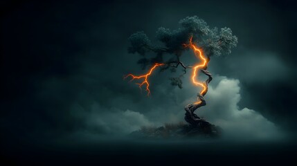 Fototapete - scene of a powerful crackling bolt of lightning freezing in time as it rips through a tall gnarled tree with twisted knotted branches