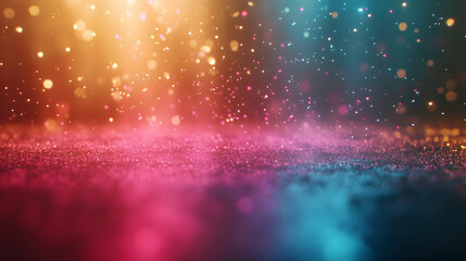 Wall Mural - radiant indoor bokeh sparkles in pink and cyan with glowing particle effects on a muted golden backg
