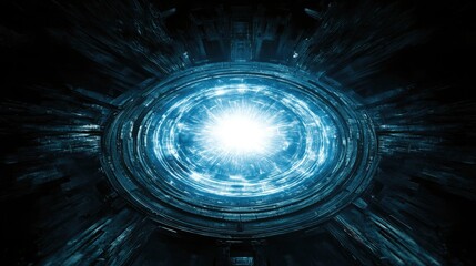 Poster - A bright blue light emanates from a circular core within a dark mechanical structure. Ideal for sci-fi or tech backgrounds.