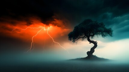 Fototapete - Intense lightning bolts streaking across a moody cinematic cloudy sky dramatically illuminating the silhouette of a lone gnarled and ancient tree against the dramatic weather