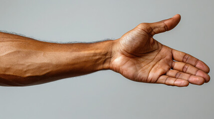 Wall Mural - A male arm highlighting the inner part of the forearm with the hand open, empty white flat background.