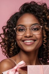 Wall Mural - a girl holding a gifts box curly hair black skin 