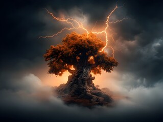 Poster - dramatic landscape with powerful jagged bolts of electric lightning tearing across the brooding omin