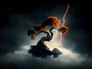 Fototapete - Dramatic lightning strike illuminating the majestic silhouette of a centuries old gnarled oak tree its twisted limbs standing in stark contrast against a turbulent