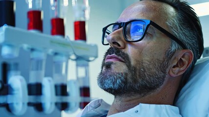 Poster - Inside a modern medical facility, a man is receiving stem cell therapy. He sits calmly as various tubes and containers with red liquid surround him. The atmosphere reflects innovation.