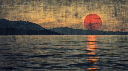 Poster - A textured sunset over a tranquil lake evokes serene moods. Ideal for backgrounds, wallpapers, or art prints.