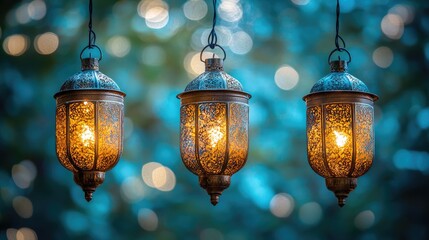 Poster - Three ornate lanterns glow against a blurred background of lights. Ideal for Ramadan, Eid, or Diwali greetings and designs.