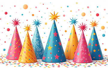 Wall Mural - colorful party hats in various patterns and designs, birthday celebrations, new year party, created 