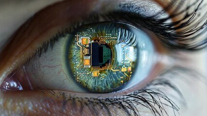 Leinwandbilder - A close-up view showcases a human eye reflecting advanced circuit patterns, blending technology and biology. The intricate details highlight the fusion of AI and human vision.