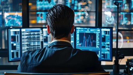 Poster - In a modern office, a focused analyst examines data on multiple screens, immersed in analytics as the city lights twinkle outside. Late-night work emphasizes dedication and innovation.