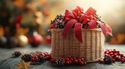 Wall Mural - Festive Gift Basket with Red Ribbon and Pinecones Surrounded by Holiday Decorations on a Rustic Table, Capturing the Essence of Christmas Cheer