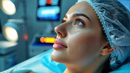 Poster - A patient in a medical setting is poised for stem cell therapy, showcasing a calm expression. The environment highlights advanced technology and professionalism, ensuring patient safety and care.