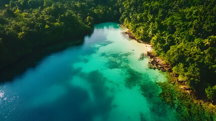 Wall Mural - a serene tropical lagoon with crystal-clear turquoise water surrounded by lush jungle