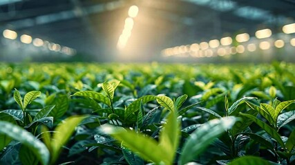 Poster - Vibrant green tea plants flourish in a large greenhouse illuminated by soft light. The atmosphere is calm and tranquil, enhancing the beauty of the thriving vegetation.