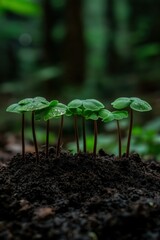 Wall Mural - Newly sprouted plants emerging from dark soil in a lush forest