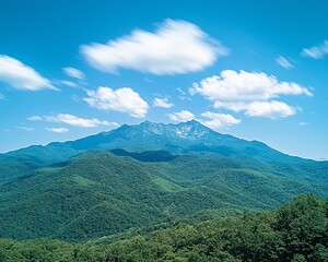 Poster - Lush green mountain range under a vibrant blue sky with fluffy white clouds.