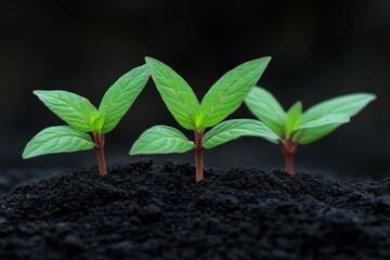 Wall Mural - Young green plants emerging from rich soil in a dark environment