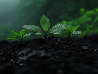 Wall Mural - New plants emerge from the dark soil in a lush forest environment