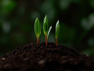 Wall Mural - New plant sprouts emerging from dark soil in a lush garden setting