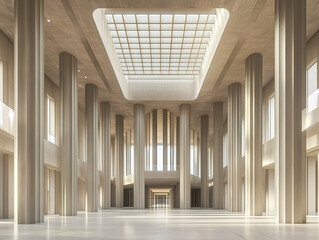 Poster - A spacious, modern concrete hall with numerous columns and large, luminous windows provides a striking backdrop for text in this 3D-rendered stock photo
