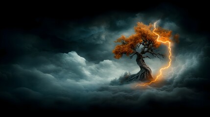 Poster - striking lightning bolt illuminates the intricate gnarled branches of a lone ancient oak tree amidst