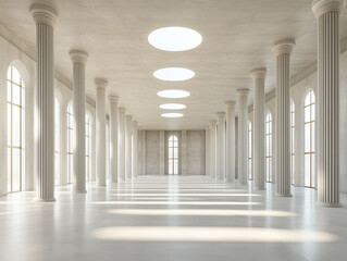 Poster - A spacious, modern concrete hall with numerous columns and large, luminous windows provides a striking backdrop for text in this 3D-rendered stock photo