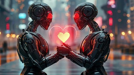 Aufkleber - Amidst a bustling cyberpunk city, two sleek robots with glowing red eyes hold a radiant heart, symbolizing love and unity. The glowing lights of the environment enhance the romantic atmosphere.